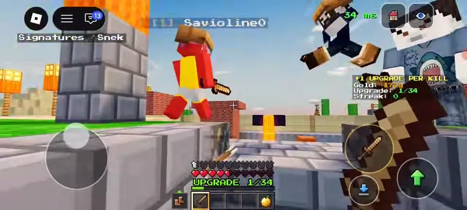 Player at Upgrade 1/34 fighting in the stone arena in +1 Upgrade Per Kill