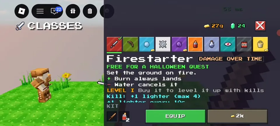 Classes menu showing the Firestarter class, free for a Halloween quest, priced 2k gold