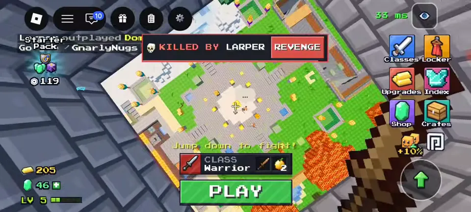 Lobby with the KILLED BY banner, a REVENGE button, the Class Warrior selector and the PLAY button