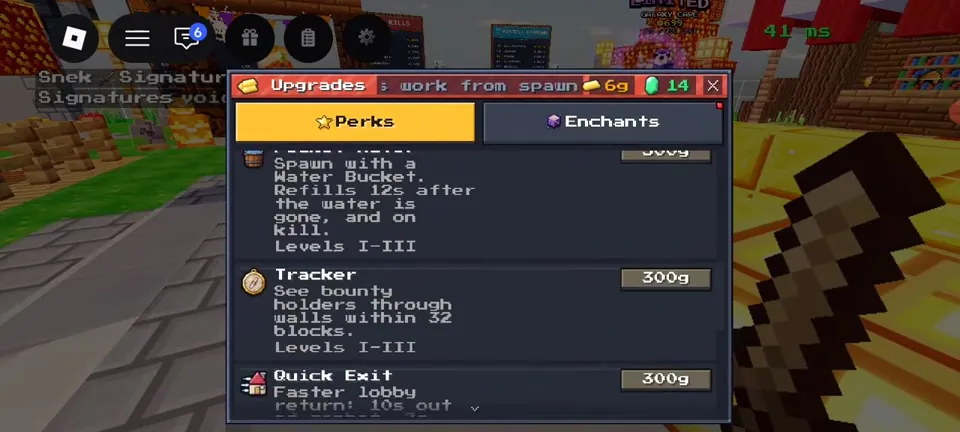 Perks list showing Pocket Water, Tracker and Quick Exit at 300 gold each
