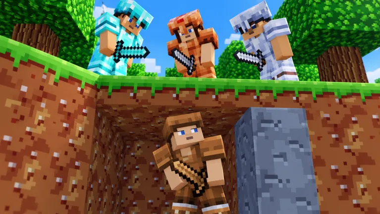Leather-armored player trapped in a pit below diamond and iron players, +1 Upgrade Per Kill thumbnail