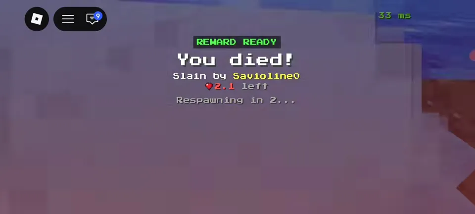 The You died! screen showing who slew you, their hearts left and the respawn countdown